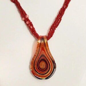 Glass Teardrop Pendant Red Beaded Necklace